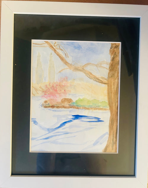 "Central Park NYC Sailboat Pond in Winter" Original Watercolor Painting — Black Mat & White Wood Frame