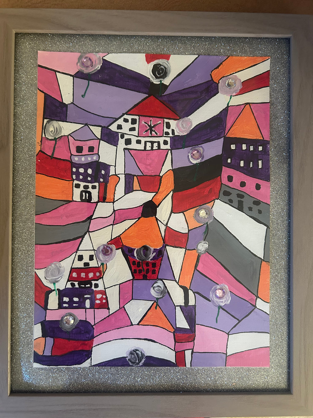 "Pastel City" Original Abstract Acrylic Painting — Framed Wall Art with Grey Wood Frame