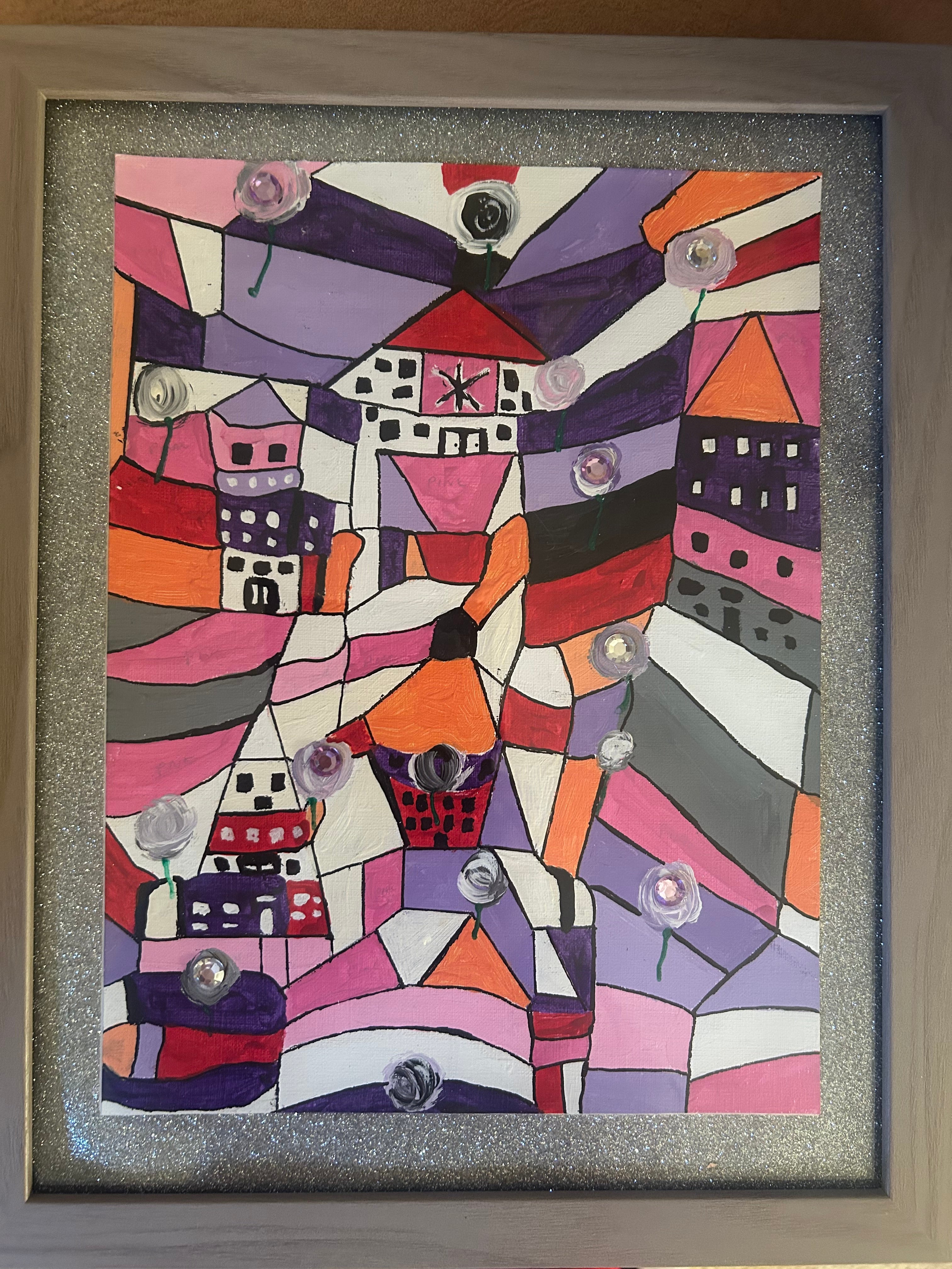 "Pastel City" Original Abstract Acrylic Painting — Framed Wall Art with Grey Wood Frame